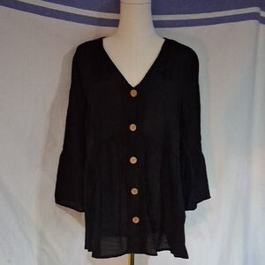 Black Relaxed Buttoned Blouse with 3/4 Sleeves With flared Out Sleeves. Size L